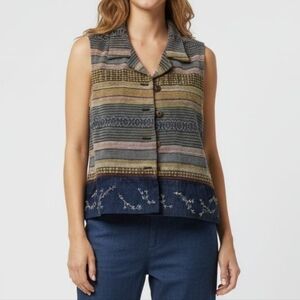 Ivy Vintage Tapestry Striped Vest Multi-Pattern Denim Embroidery Trim Sz Large